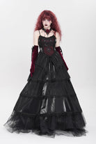 Black Sleeveless Multi-Layered Embroidery Pearl Women's Gothic Slip Dress