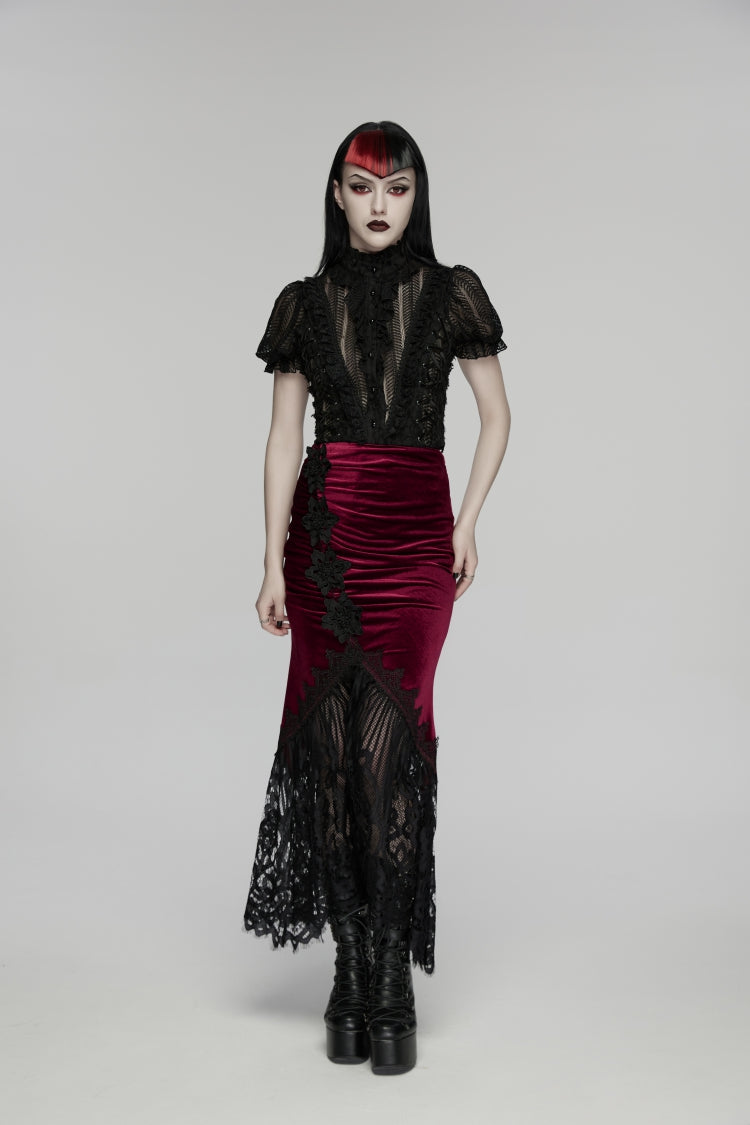 Black/Red Embroidered Lace Slim Women's Gothic Fishtail Velvet Skirt