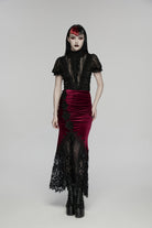 Black/Red Embroidered Lace Slim Women's Gothic Fishtail Velvet Skirt