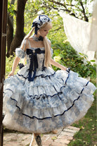 Blue/White Sleeveless Multi-Layered Print Bowknot Fishbone Sweet Classic Chinese Style Lolita Jsk Long Dress