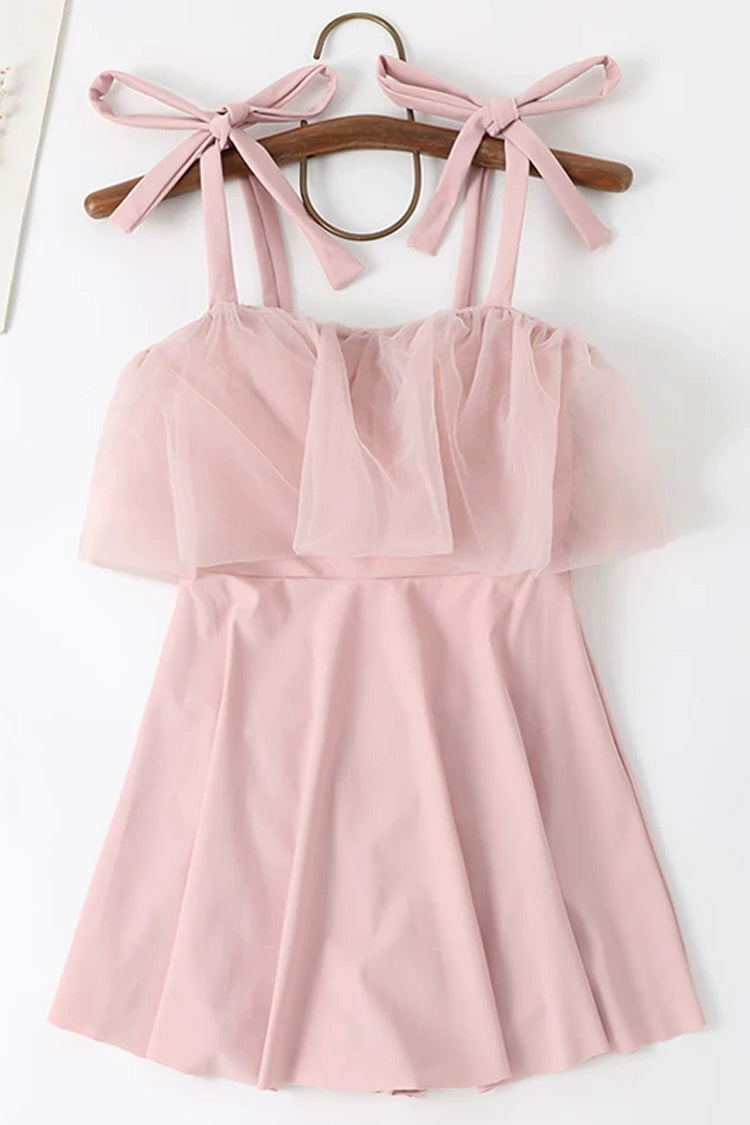 Pink Sleeveless Ruffled Lace-Up Sweet Japanese Lolita One-Piece Swimsuit