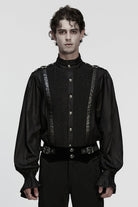 Black Stand Collar Long Puff Sleeves Ruffle Pleated Men's Gothic Blouse