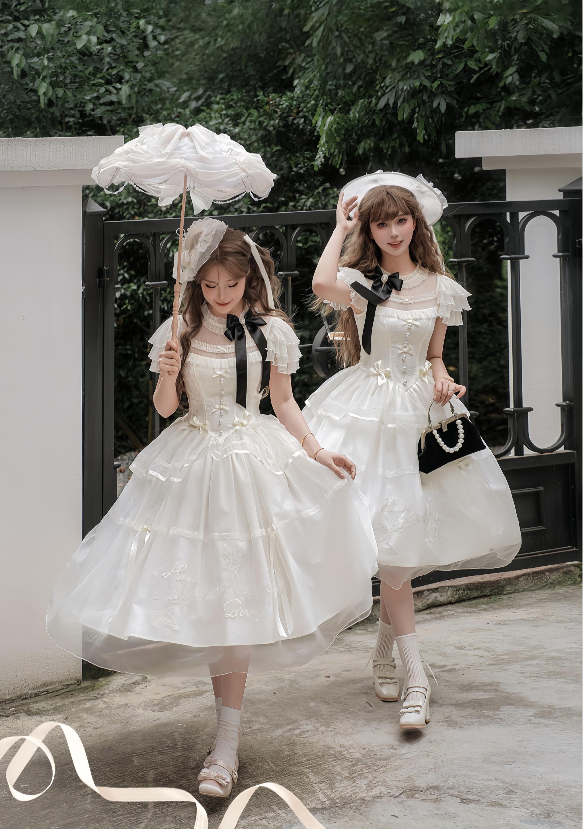 White Bird Love Letter - Classic Lolita Jacquard OP Dress, Embroidered Tulle Hem