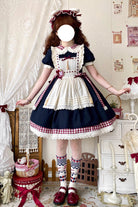 Blue/White [Alice's Picnic] Doll Collar Short Sleeves Printed Ruffled Sweet Lolita Dress