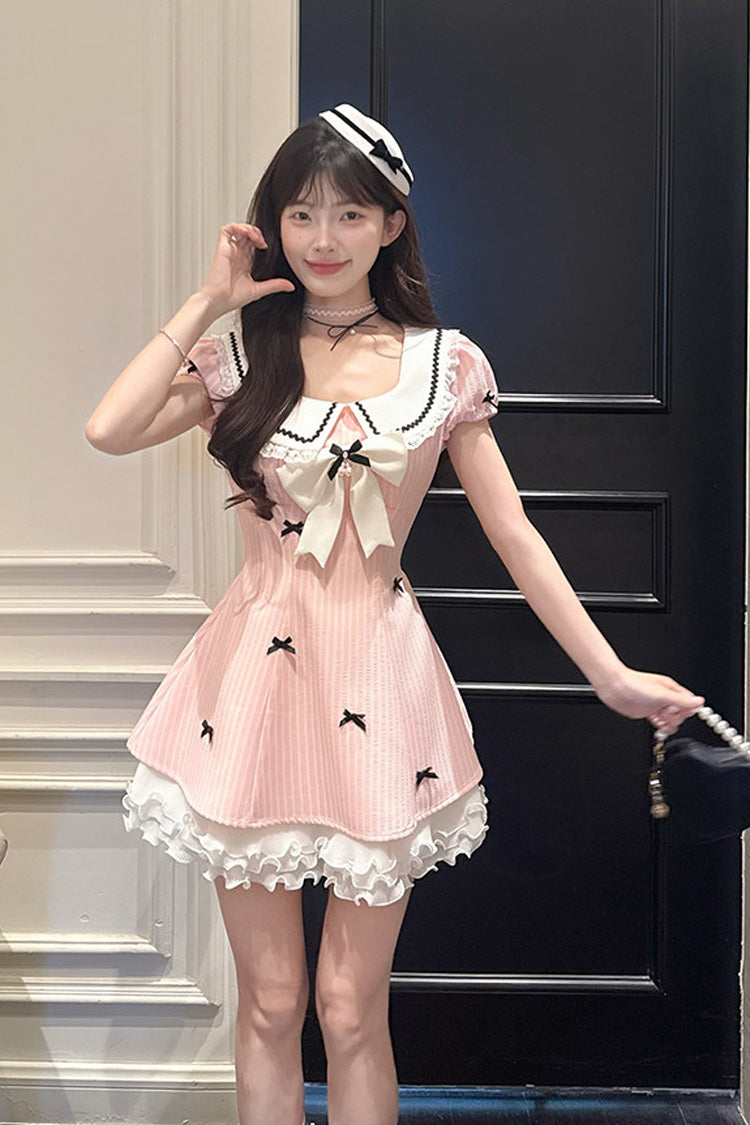 Pink [Peach Dream] Doll Collar Short Puff Sleeves Vertical Stripe Printed Ruffled Bow College Style Sweet Lolita Dress