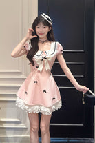 Pink [Peach Dream] Doll Collar Short Puff Sleeves Vertical Stripe Printed Ruffled Bow College Style Sweet Lolita Dress