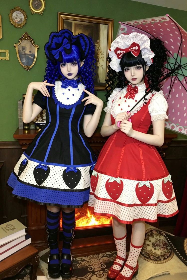 [Miss Peculiar Strawberry] Stand Collar Sleeveless Printed Bow Sweet Lolita Dress 2 Colors (Red, Blue/Black)