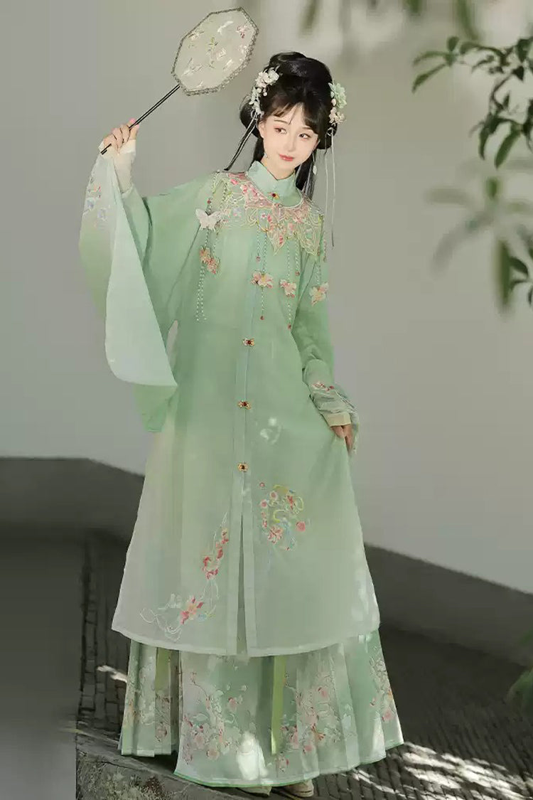 Green [Spring Scenery Gardens] Collar High Waisted Embroidered Women's Sweet Hanfu Dress Set