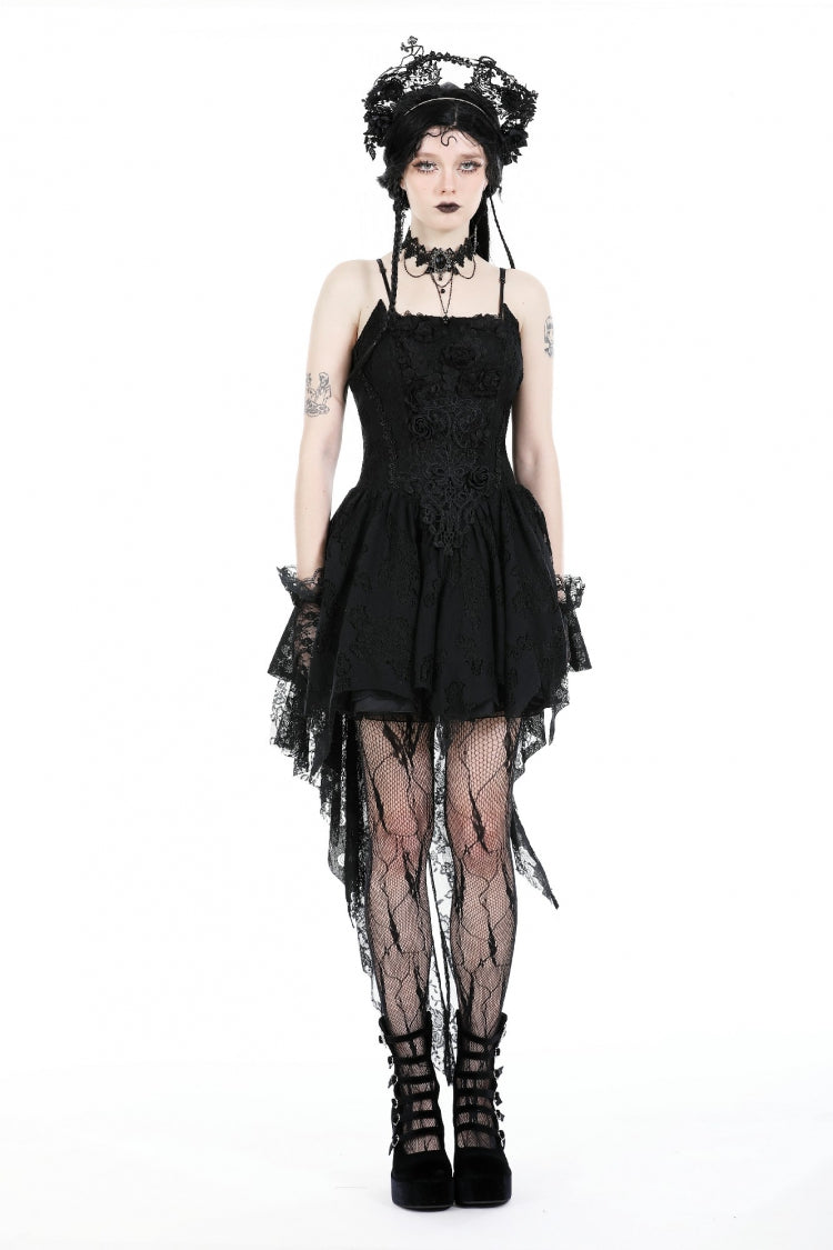 Black Sleeveless Rose Lace Lace-Up Women's Gothic High Low Dovetail Slip Wedding Dress