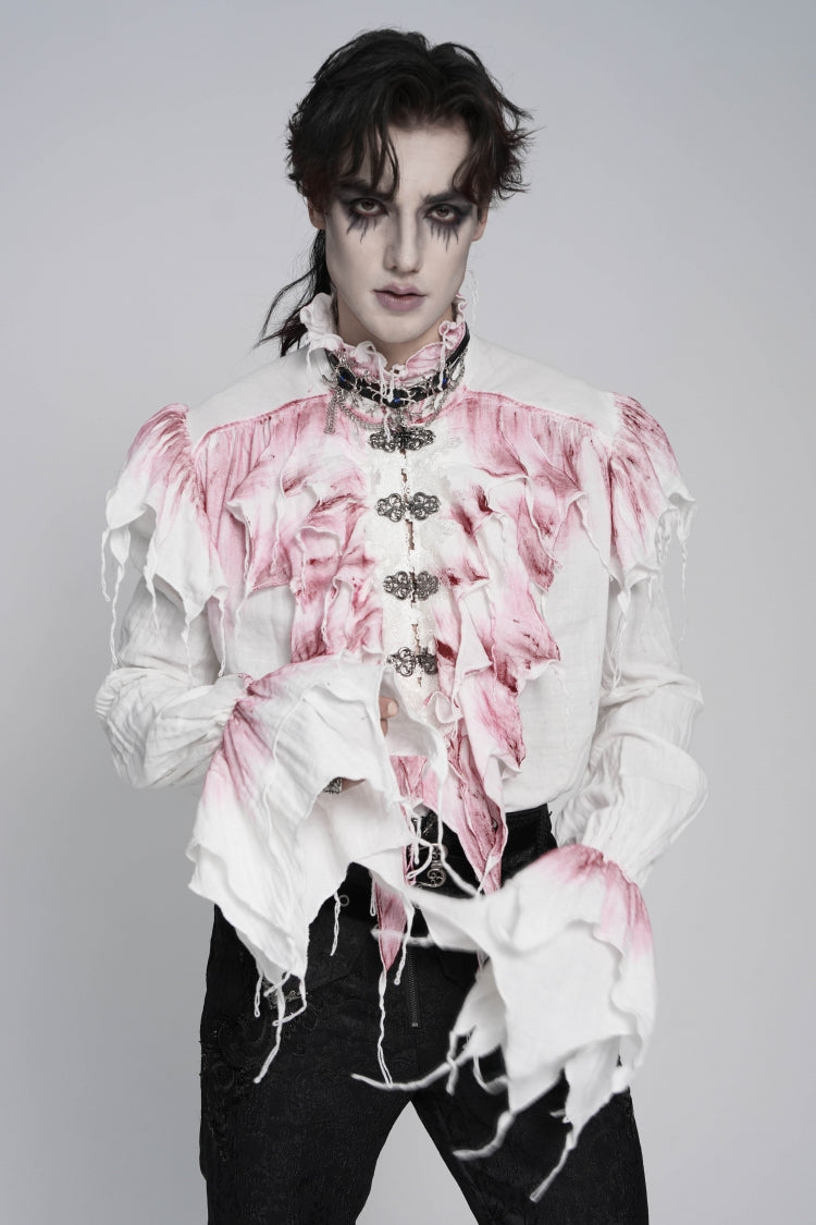 White High Collar Long Trumpet Sleeves Color-Blocked Pleated Men's Gothic Shirt
