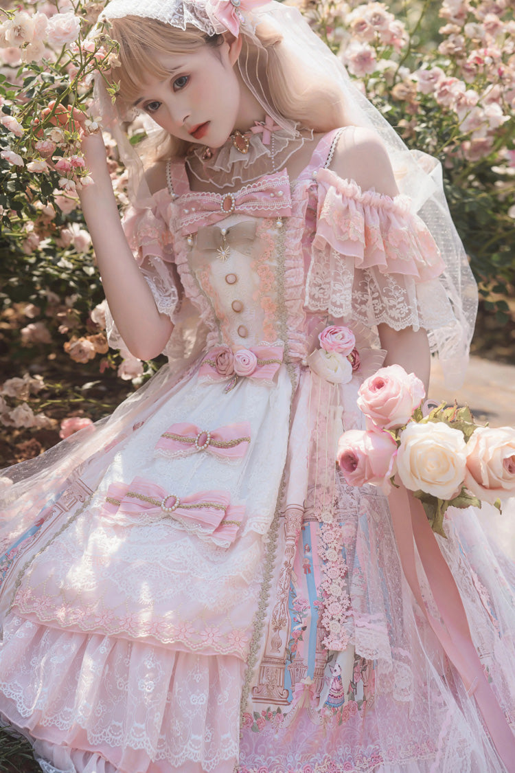 Pink [Moonlight Melody] Off Shoulder Sleeveless Multi-Layered Hanayome Open-Front Bow Lace Sweet Gorgeous Lolita Jsk Dress Set