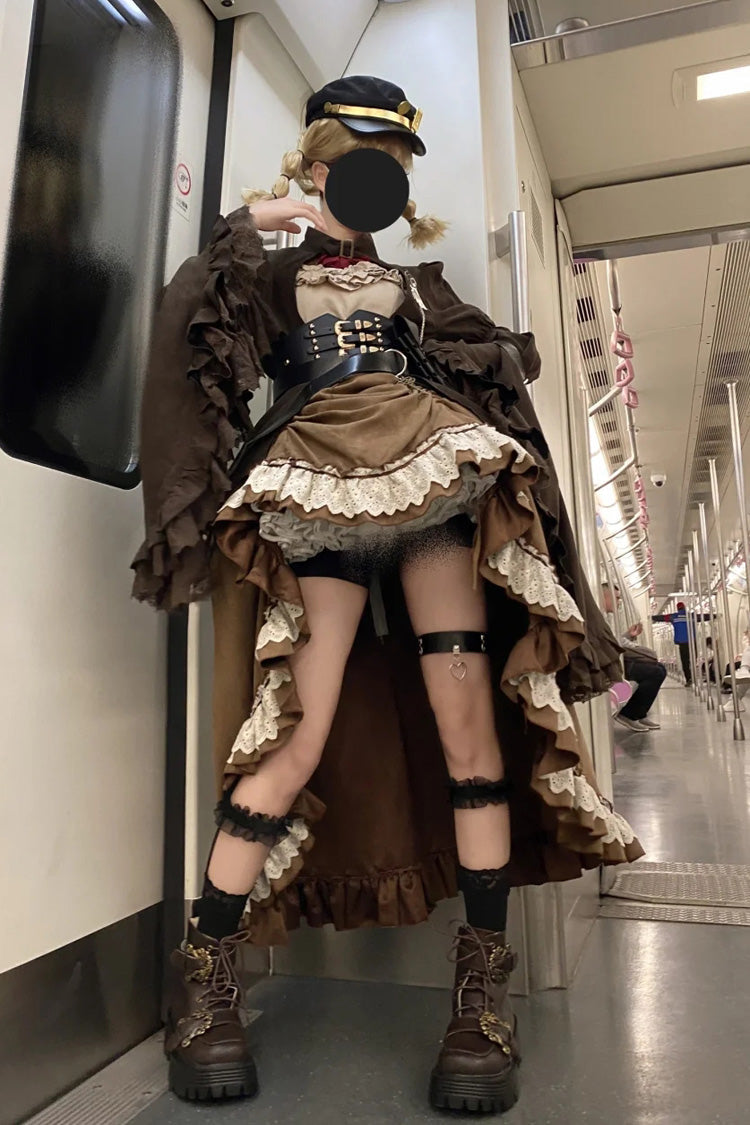 Brown Ruffle Irregular Handsome Punk Lolita Dress Set