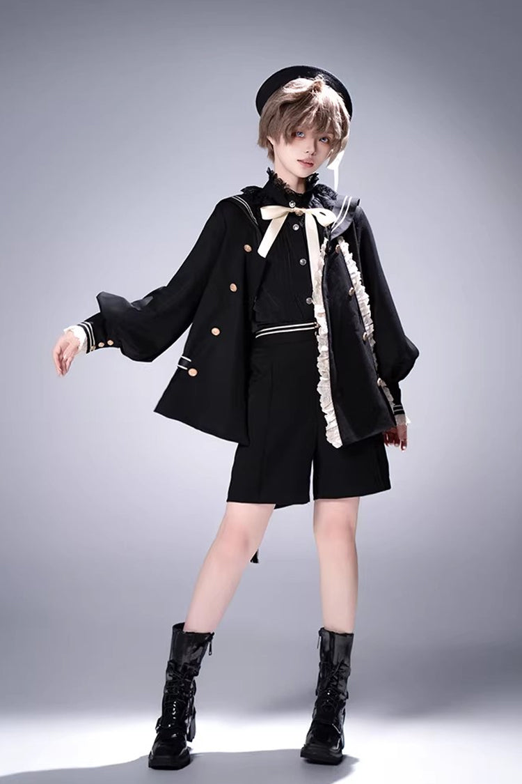 Black [City of Mist] Navy Collar Long Sleeves Gothic College Style Prince Ouji Lolita Shorts Coat Set