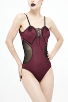 Wine Splice Mesh Lace-Up Chest Hand-Cranked Waist Women's Gothic One-Piece Swimsuit