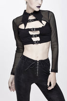 Black Bat Collar Splice Mesh Long Sleeve Chest Hasp Short Women's Punk T-Shirt