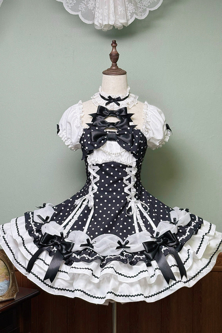 Black/White Halterneck Short Sleeves Triple-Layered Polka Dot Printed Bow Lace-Up Sweet Lolita Dress