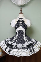 Black/White Halterneck Short Sleeves Triple-Layered Polka Dot Printed Bow Lace-Up Sweet Lolita Dress
