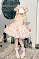 Yellow Sheep's Party Print Bowknot Stitching Lace Sweet Lolita Strap Dress