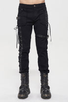 Black Metal Decorative Lace Up Leg Loops Long Men's Punk Pants