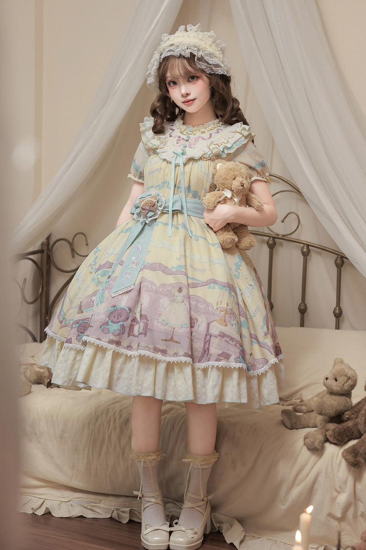 Yellow [Brown Dollhouse] Short Sleeves Bear Printed Ruffled Bow Sweet Lolita Dress Set
