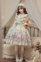 Yellow [Brown Dollhouse] Short Sleeves Bear Printed Ruffled Bow Sweet Lolita Dress Set