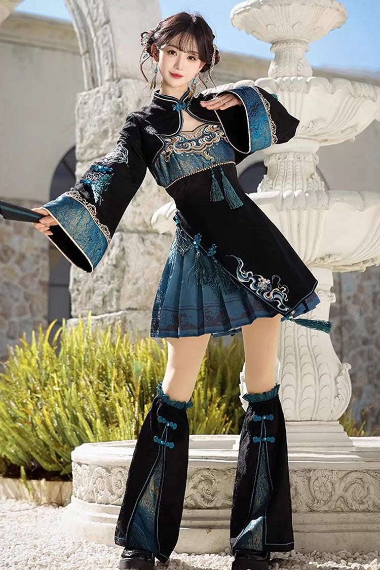 Black/Blue [Misty Teal] Long Sleeves Ruffled Cut-Out Embroidered Asymmetric Chinese Style Classic Lolita Jsk Dress Set