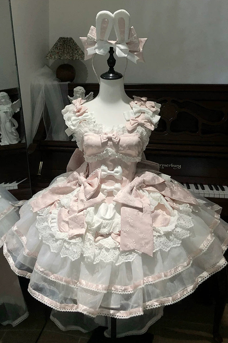 Pink [Velvet Rabbit] Sleeveless Multi-Layered Ruffled Bow Sweet Lolita Jsk Dress Set