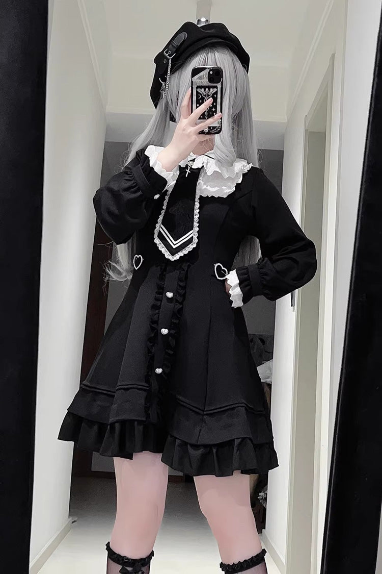 Black [Angel Creed] Short Sleeves Ruffle Bowknot Stitching Lace Gothic Plus Size Japanese College Style Jirai Kei Dress