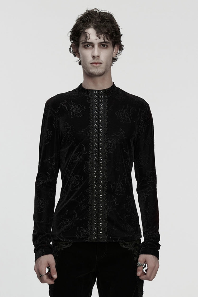 Black Stand Collar Long Sleeves Rose Embossed Lace-Up Zippered Men's Gothic Top