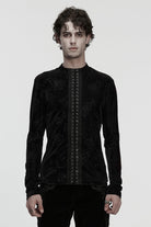 Black Stand Collar Long Sleeves Rose Embossed Lace-Up Zippered Men's Gothic Top