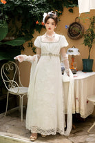 White Square Collar Short Sleeves Jacquard Wedding Style Lace Pearl Detail Vintage Elegant Luxurious Lolita Dress