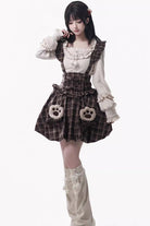 Brown [Fluffy Little Bear] Sleeveless Printed Ruffled Bow Sweet Lolita Strap Dress