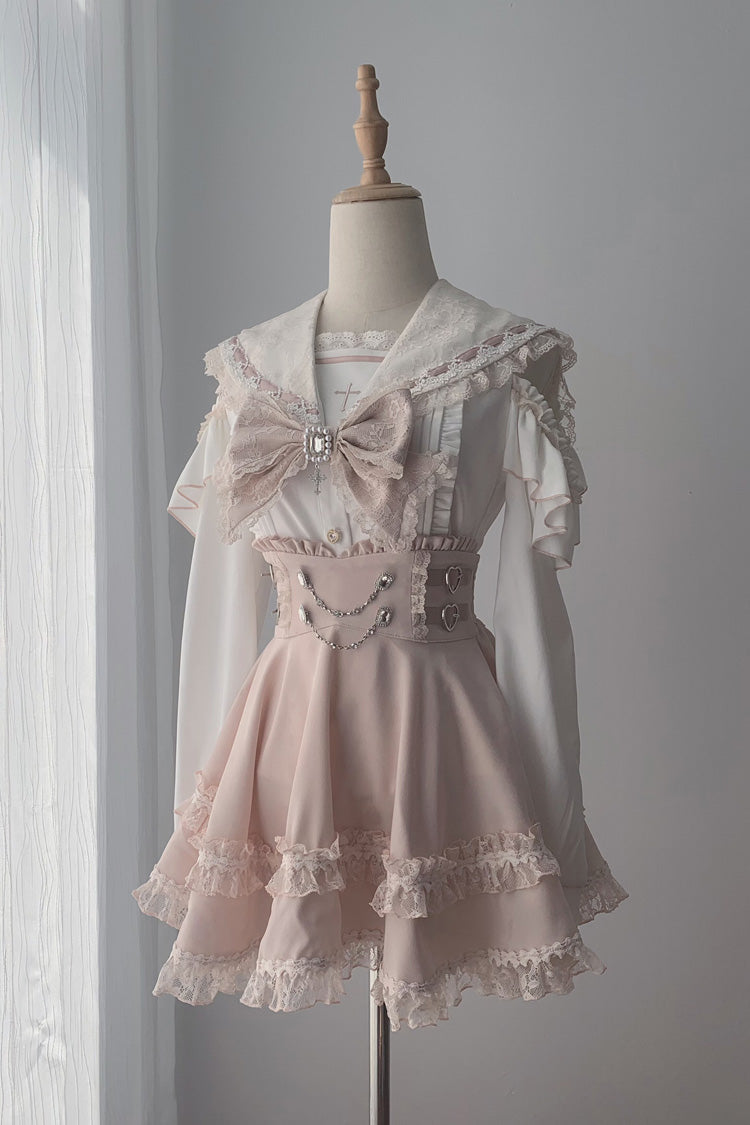 Pink [Apprentice Witch] Off Shoulder Navy Collar Short Sleeves Ruffled Bow Lace Pearl Detail Classic Jirai Kei Japanese Skirt Set