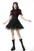 Wine Red Point Collar Short Puff Sleeves Ruffled Women's Gothic Elegant Blouse