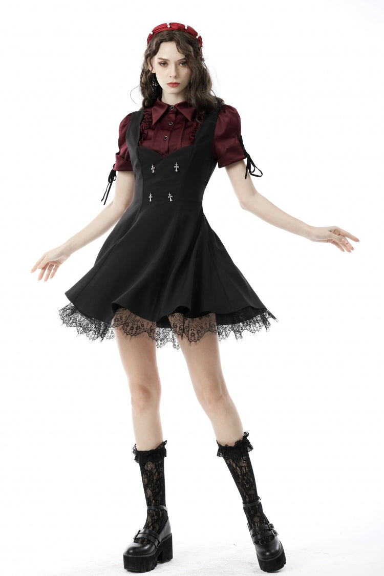 Wine Red Point Collar Short Puff Sleeves Ruffled Women's Gothic Elegant Blouse