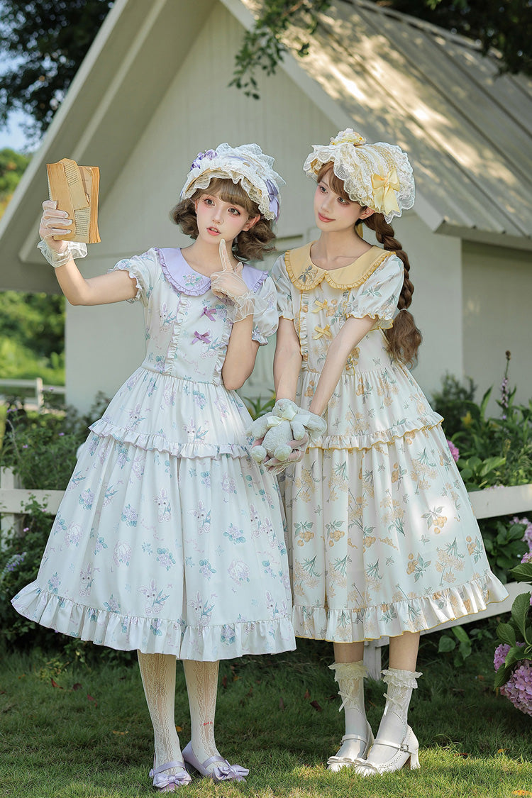 [Breezy Summer Blossoms] Peter Pan Collar Short Sleeves Jacquard Printed Ruffled Embroidered Bow Sweet Lolita Dress 2 Colors (Yellow, Purple)