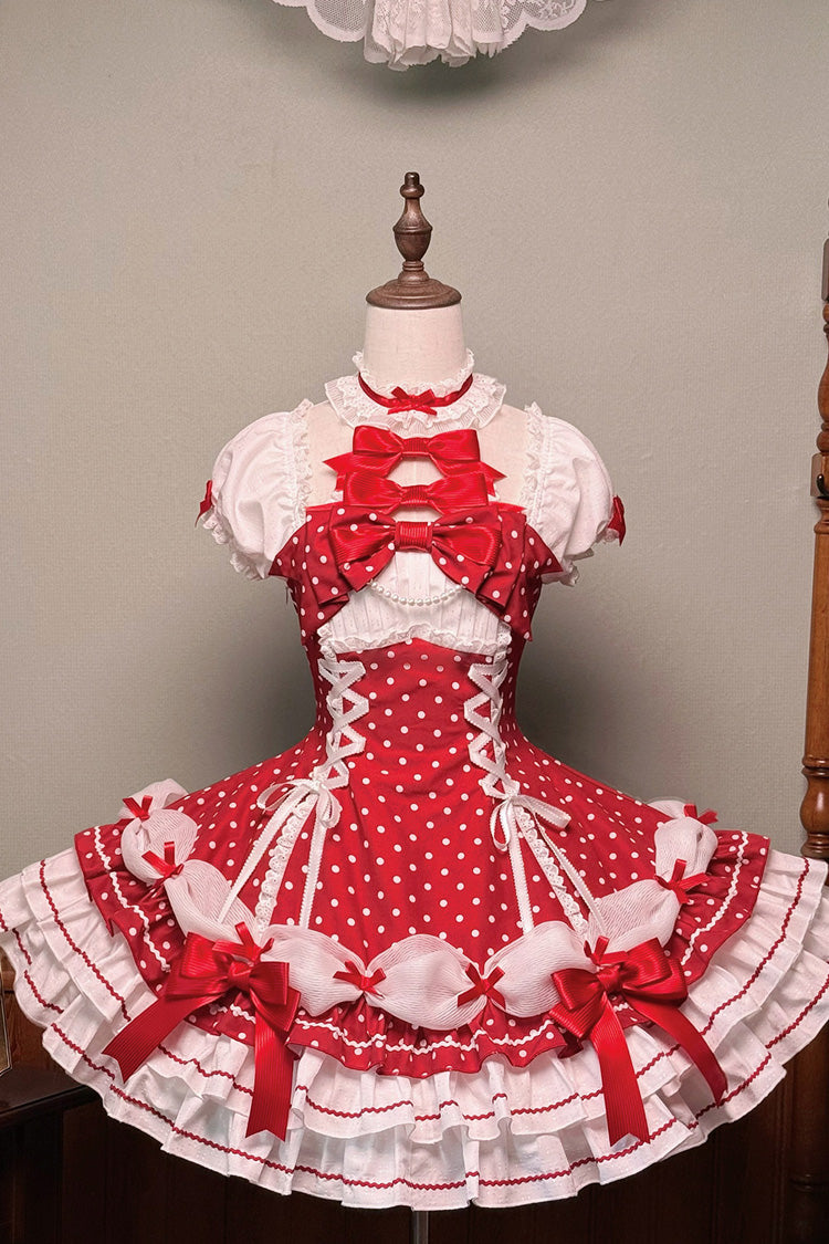 Wine Red Halterneck Short Sleeves Triple-Layered Polka Dot Printed Bow Lace-Up Sweet Lolita Dress