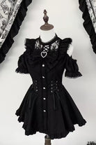 [Silver Candle Elegy”] Short Sleeves Printed Ruffled Cut-Out Bow Gothic Jirai Kei Top and Shorts Set 2 Colors