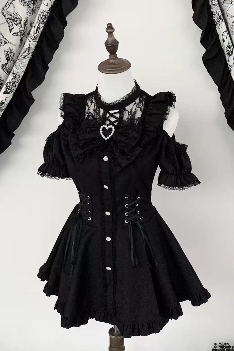 [Silver Candle Elegy”] Short Sleeves Printed Ruffled Cut-Out Bow Gothic Jirai Kei Top and Shorts Set 2 Colors