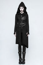 Black Long Sleeves Hooded Asymmetric Women's Gothic Military Coat With Belt