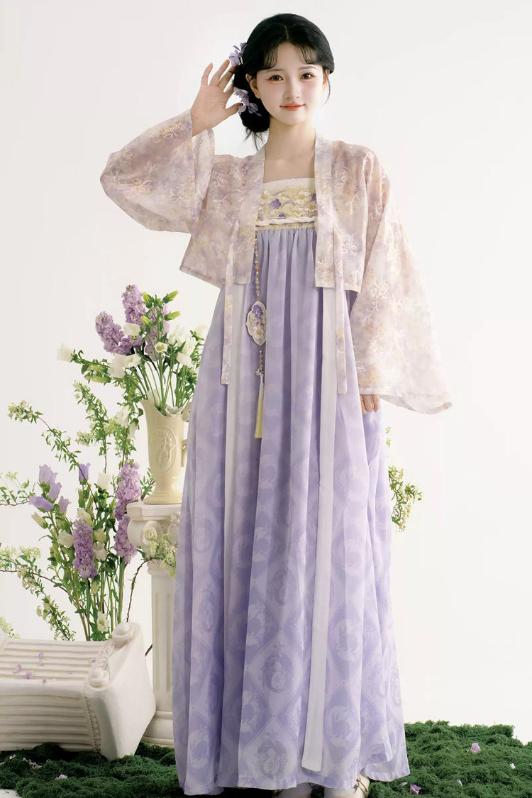Purple/Apricot [Rain Dream] Long Sleeves High Waisted Printed Embroidered Women's Sweet Hanfu Dress Set