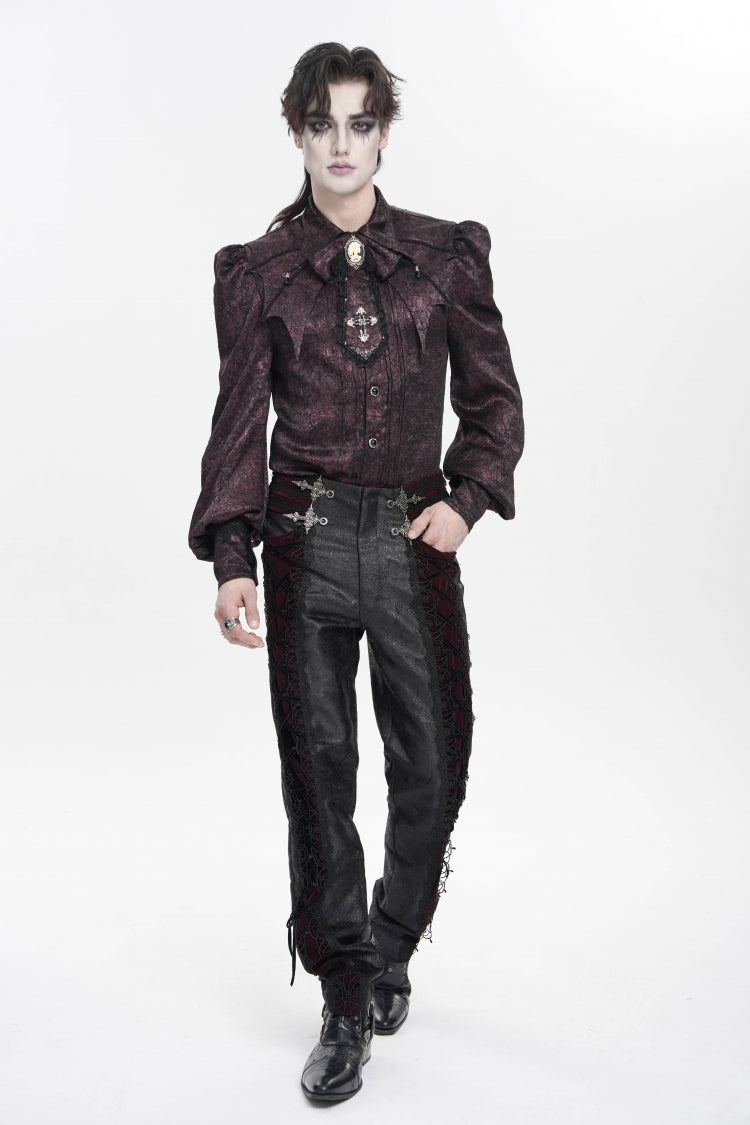 Black/Red Jacquard Spliced Lace-Up Slim Men's Gothic Velvet Palace Pants