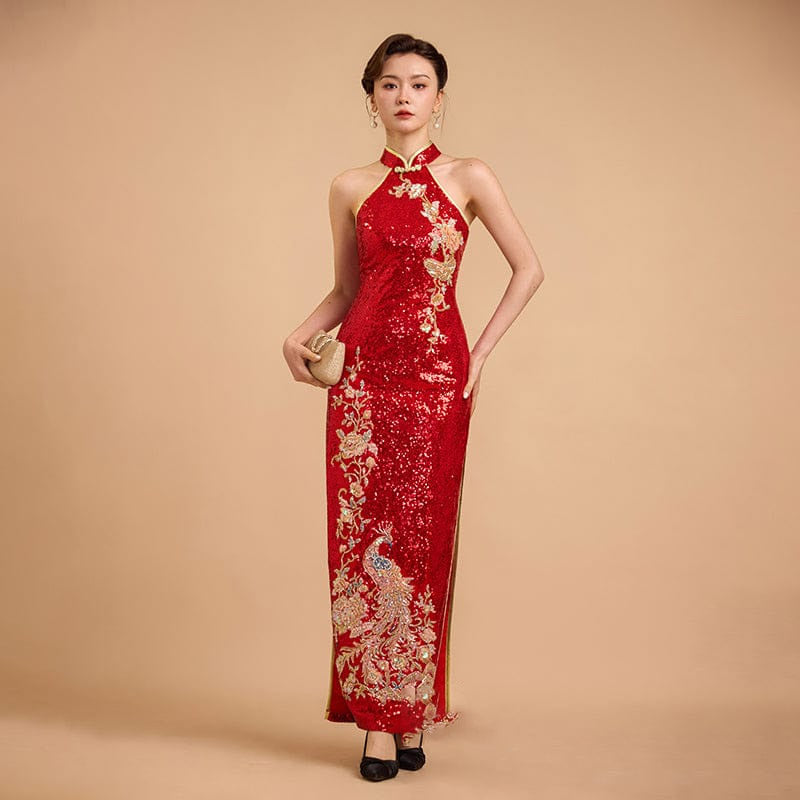 Aslin Hanfu Qipao Exclusive designer collection, Peacock embroidery, red sequins long Qipao