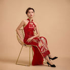 Aslin Hanfu Qipao Exclusive designer collection, Peacock embroidery, red sequins long Qipao