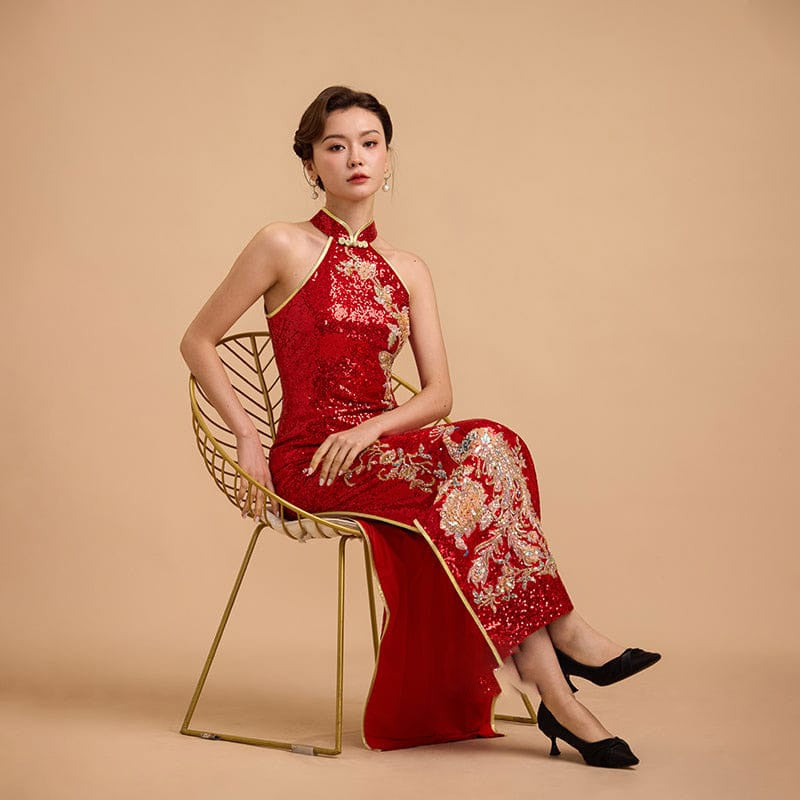 Aslin Hanfu Qipao Exclusive designer collection, Peacock embroidery, red sequins long Qipao