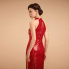 Aslin Hanfu Qipao Exclusive designer collection, Peacock embroidery, red sequins long Qipao