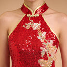 Aslin Hanfu Qipao Exclusive designer collection, Peacock embroidery, red sequins long Qipao