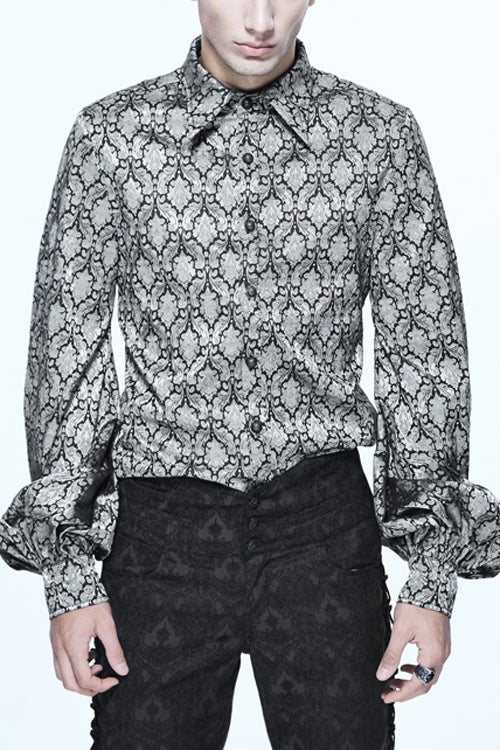 Silver Lantern Sleeves Jacquard Print Mens Gothic Blouse