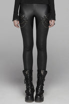 Black Crack Velvet Splice Knit PU Leather Metal Buckle Connect Chain Women's Punk Leggings