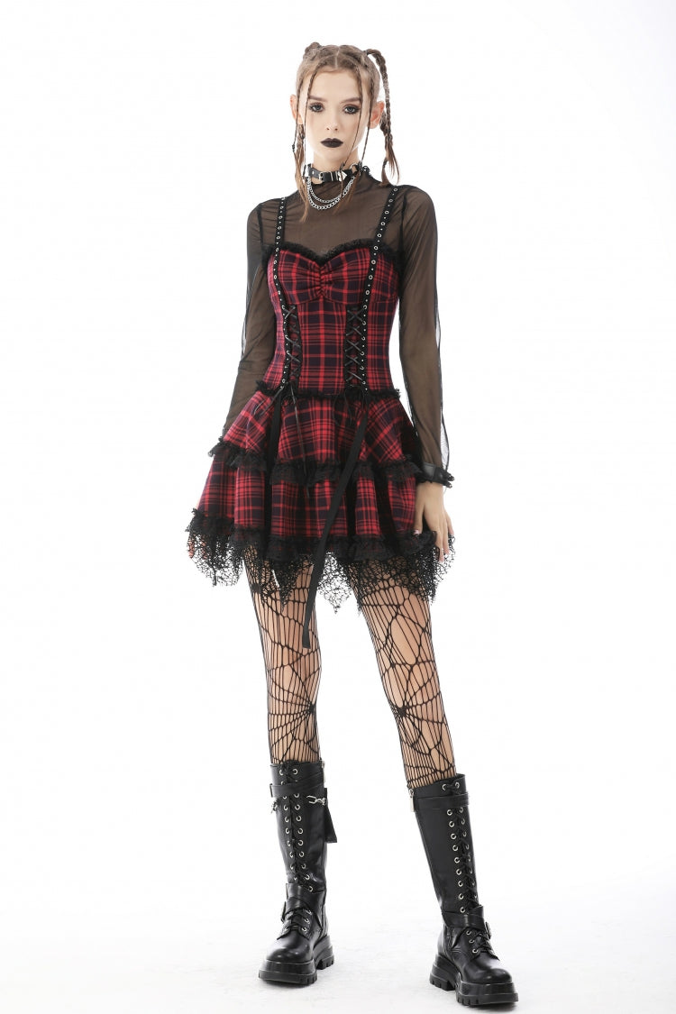 Red Sleeveless Hem Plaid Layered Lace Women's Punk Mini Strap Dress